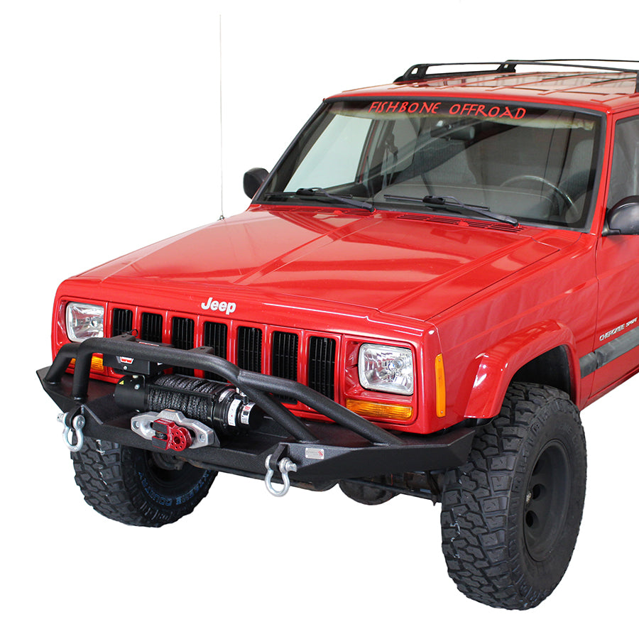 Cherokee-Xj-Front-Winch-Bumper-WGrille-Guard-Bullhead-Steel-Black-Textured-Powdercoat-Fishbone-Offroad