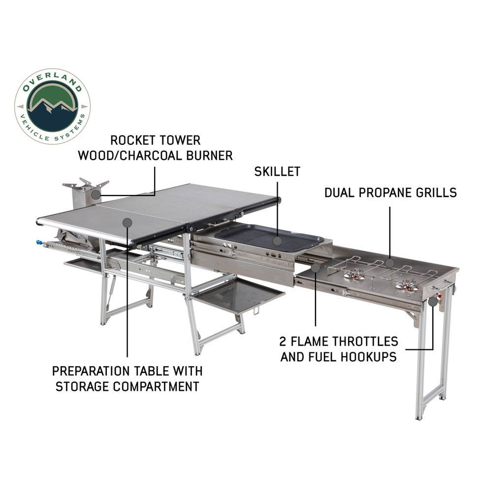 Komodo Camp Kitchen - Dual Grill, Skillet, Folding Shelves, and Rocket Tower - Stainless Steel